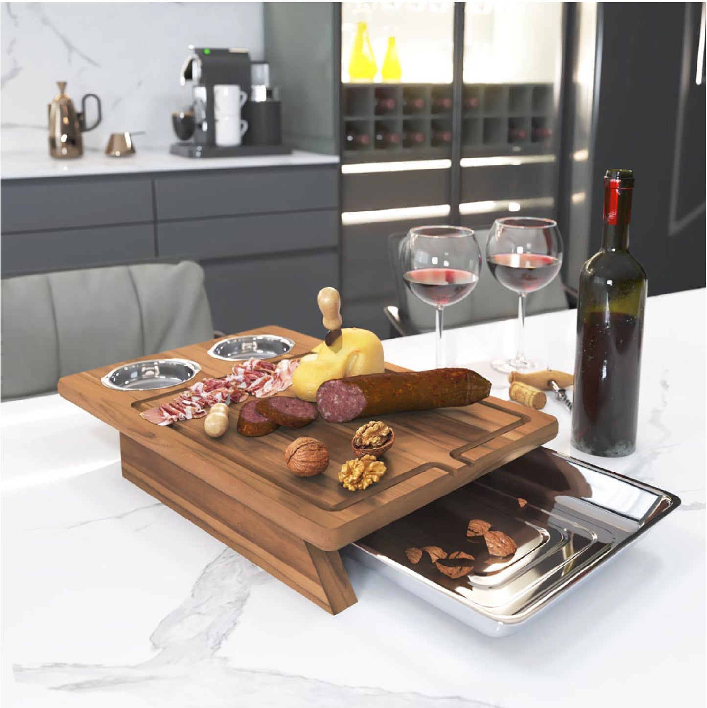 meistar Large End Grain Teak Wood Cutting Board. Thick Butcher Block for Kitchen, Brisket and BBQ with Stainless Steel Tray and Juice Groove