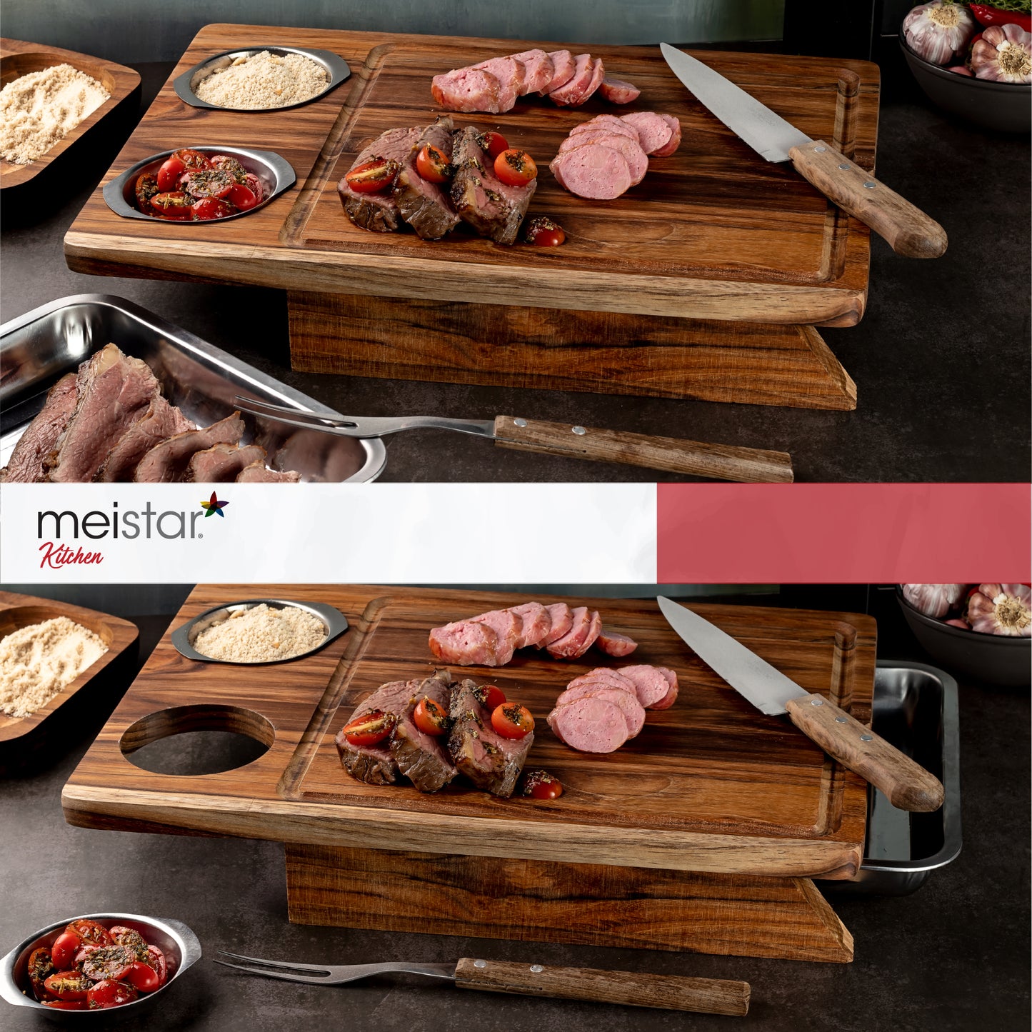 meistar Large End Grain Teak Wood Cutting Board. Thick Butcher Block for Kitchen, Brisket and BBQ with Stainless Steel Tray and Juice Groove