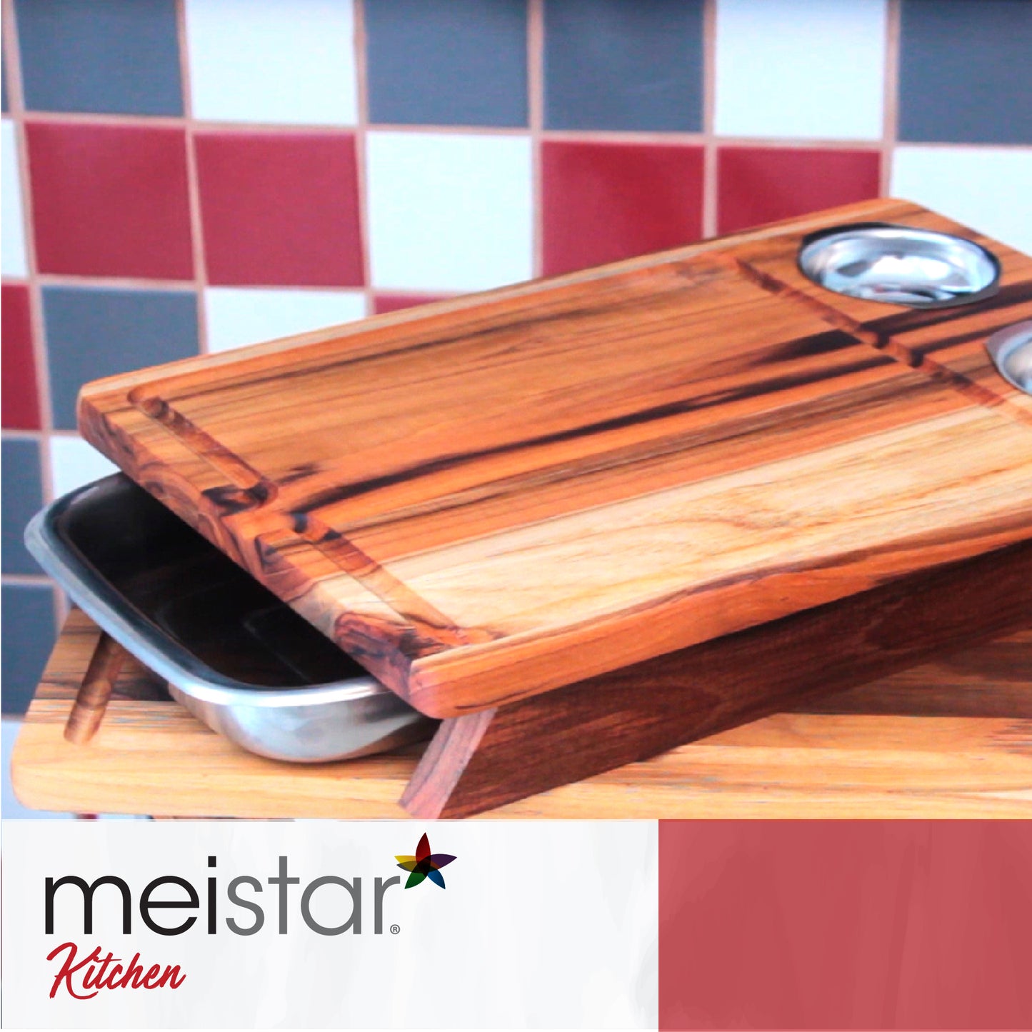 meistar Large End Grain Teak Wood Cutting Board. Thick Butcher Block for Kitchen, Brisket and BBQ with Stainless Steel Tray and Juice Groove