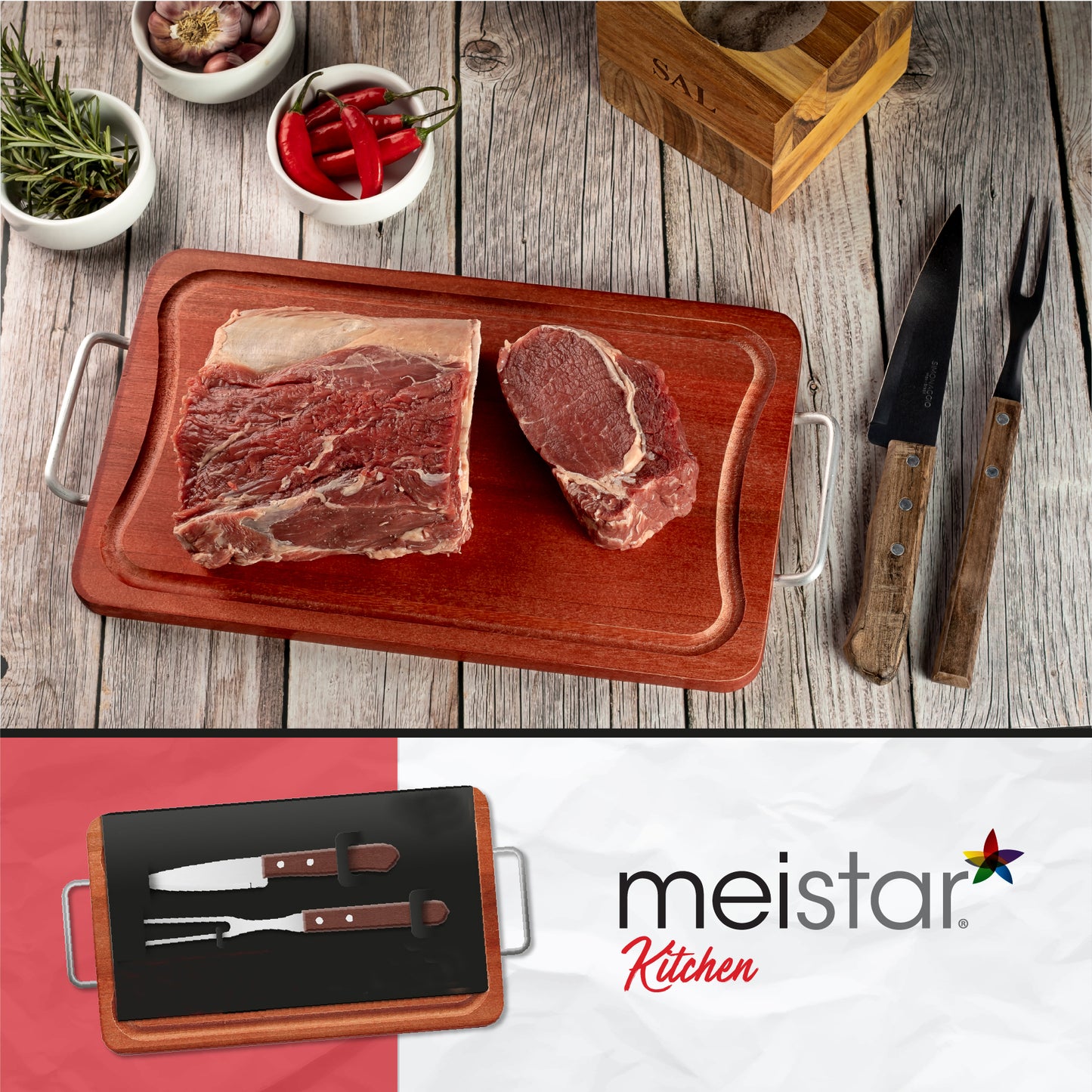 Meistar Premium Wooden Cutting Board with Stylish Metallic Handles - Includes BBQ Stainless Steel Knife and Fork Set