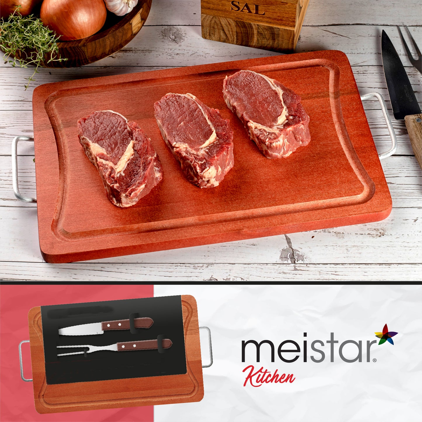 Meistar Premium Wooden Cutting Board with Stylish Metallic Handles - Includes BBQ Stainless Steel Knife and Fork Set
