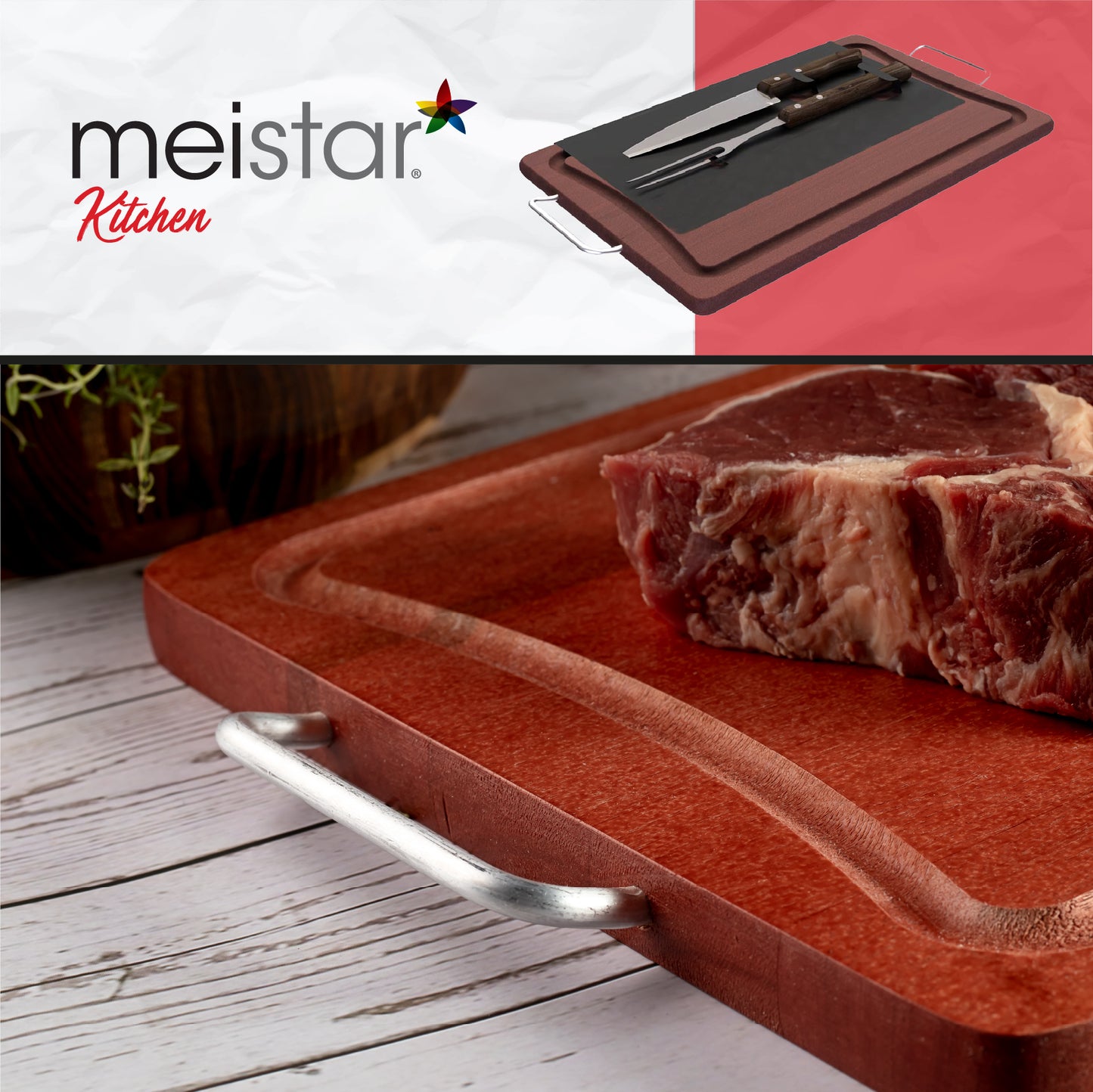 Meistar Premium Wooden Cutting Board with Stylish Metallic Handles - Includes BBQ Stainless Steel Knife and Fork Set