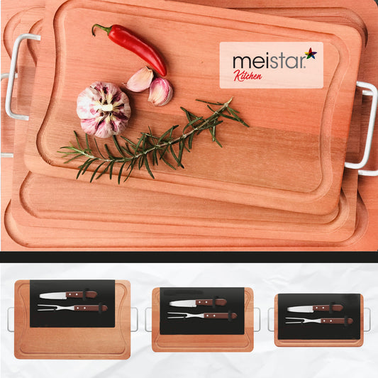 Meistar Premium Wooden Cutting Board with Stylish Metallic Handles - Includes BBQ Stainless Steel Knife and Fork Set
