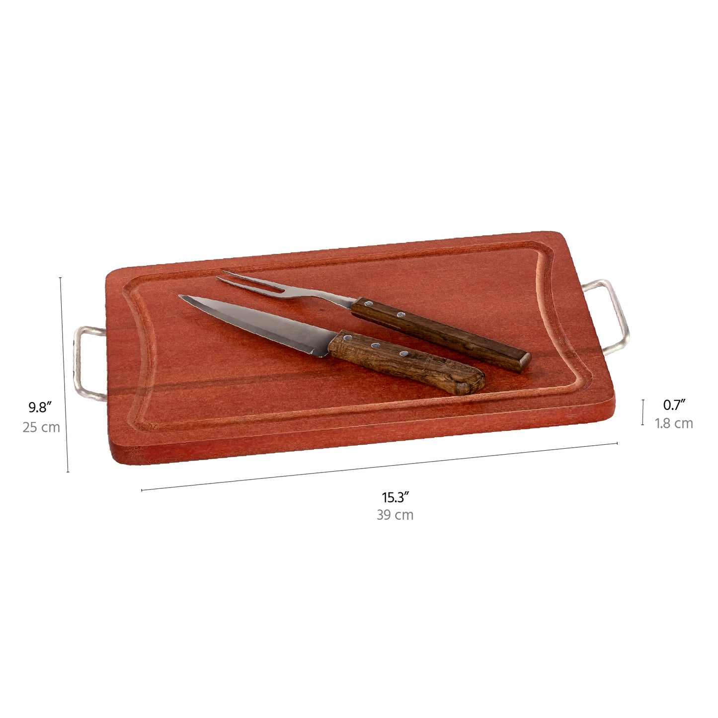 Meistar Premium Wooden Cutting Board with Stylish Metallic Handles - Includes BBQ Stainless Steel Knife and Fork Set