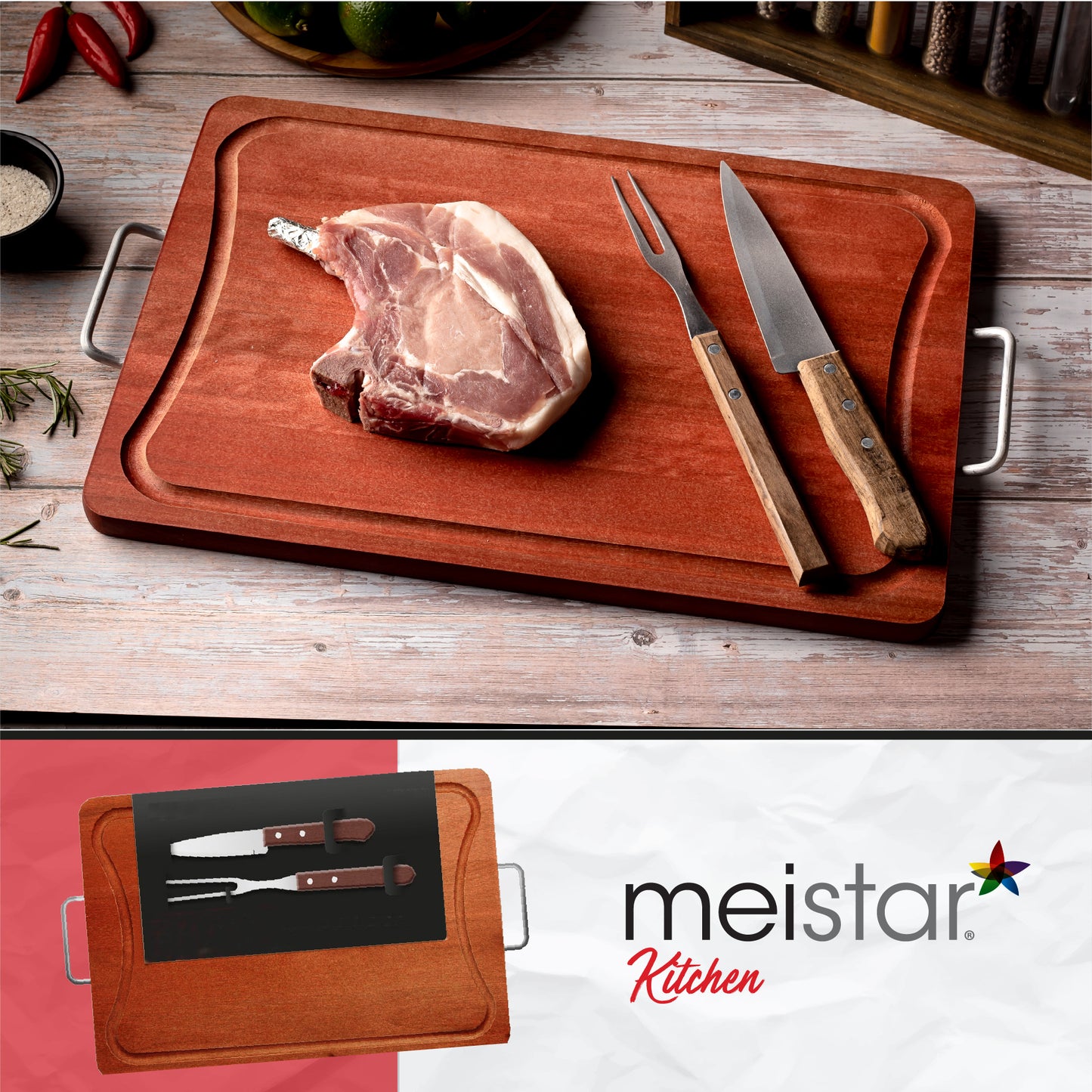 Meistar Premium Wooden Cutting Board with Stylish Metallic Handles - Includes BBQ Stainless Steel Knife and Fork Set