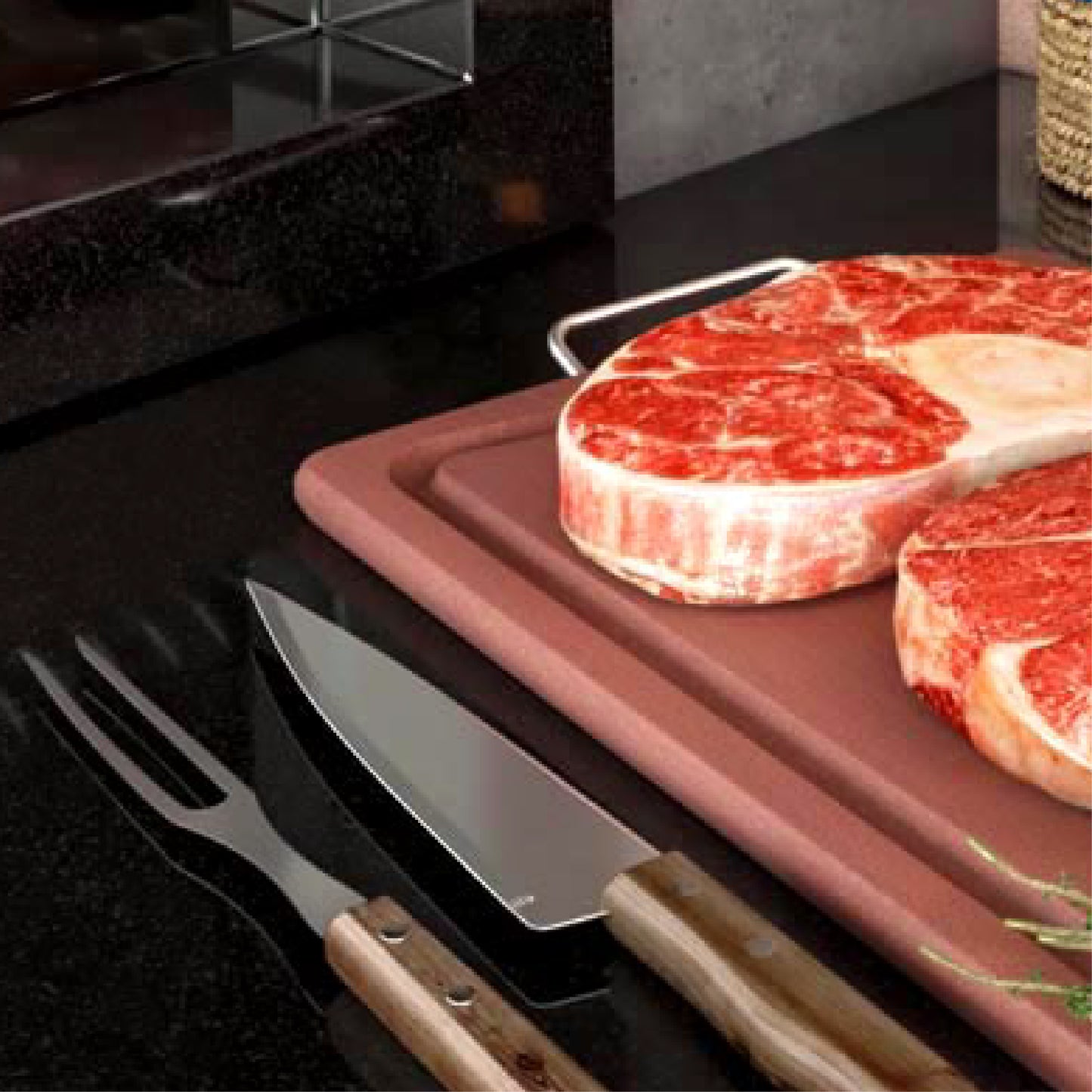 Meistar Premium Wooden Cutting Board with Stylish Metallic Handles - Includes BBQ Stainless Steel Knife and Fork Set