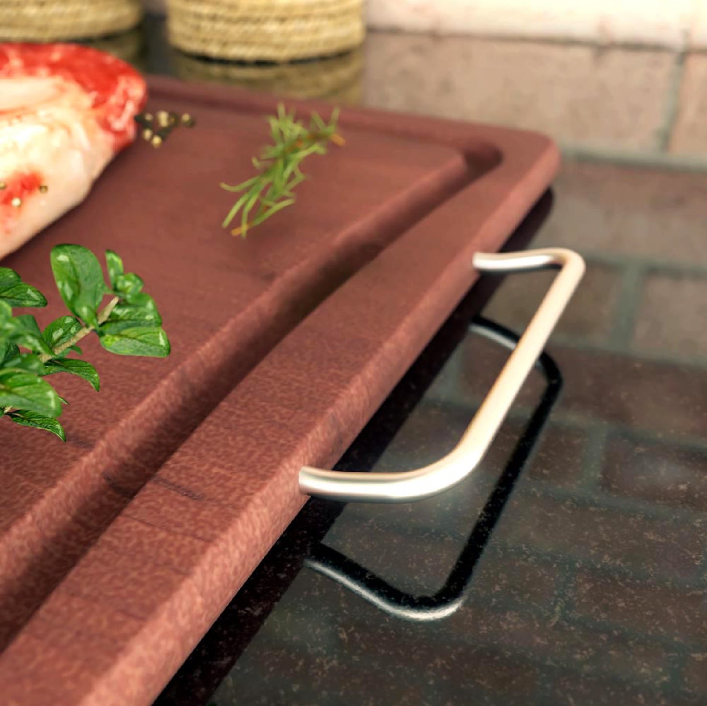 Meistar Premium Wooden Cutting Board with Stylish Metallic Handles - Includes BBQ Stainless Steel Knife and Fork Set