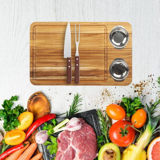 meistar Large End Grain Teak Wood Cutting Board. Thick Butcher Block for Kitchen, Brisket and BBQ with Stainless Steel Tray and Juice Groove
