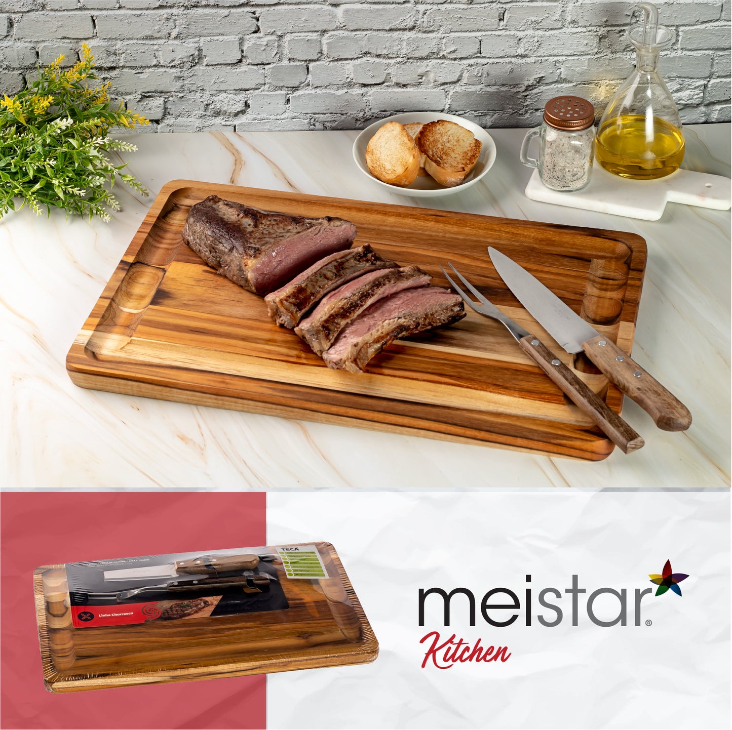 meistar Large End Grain Teak Wood Cutting Board. Thick Butcher Block for Kitchen, Brisket and BBQ with Stainless Steel Tray and Juice Groove
