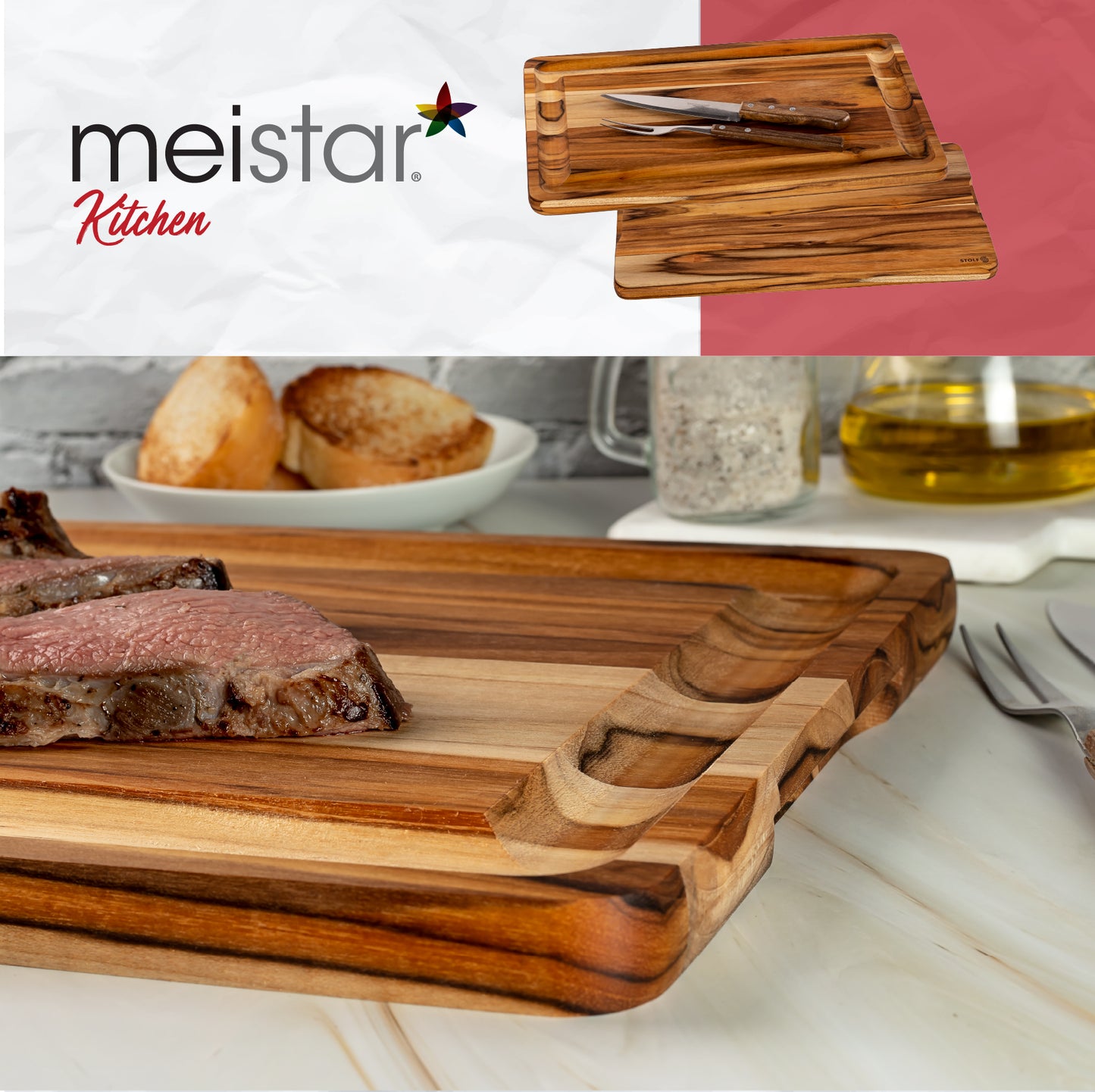 meistar Large End Grain Teak Wood Cutting Board. Thick Butcher Block for Kitchen, Brisket and BBQ with Stainless Steel Tray and Juice Groove