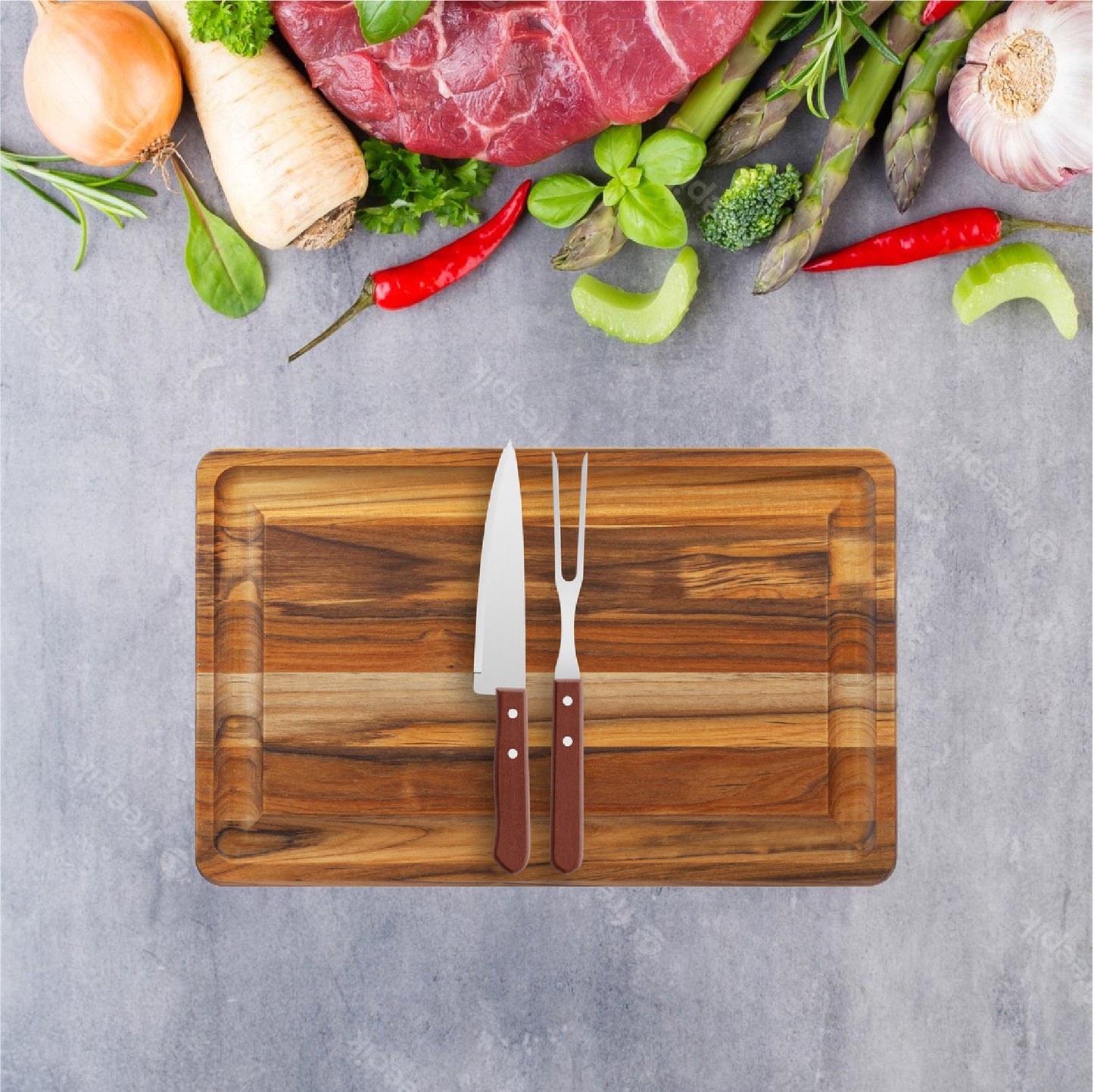 meistar Large End Grain Teak Wood Cutting Board. Thick Butcher Block for Kitchen, Brisket and BBQ with Stainless Steel Tray and Juice Groove