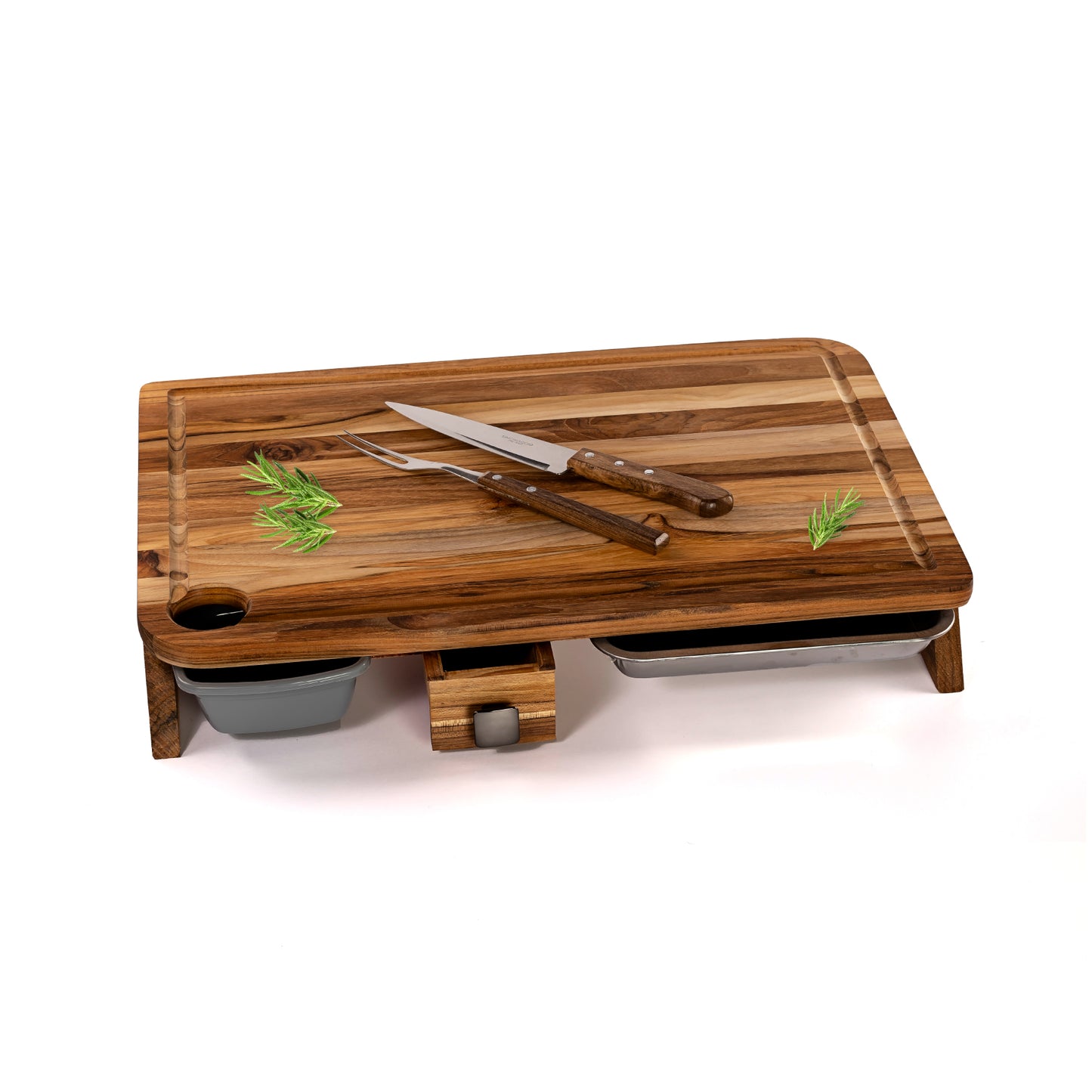 meistar Large End Grain Teak Wood Cutting Board. Thick Butcher Block for Kitchen, Brisket and BBQ with Stainless Steel Tray and Juice Groove