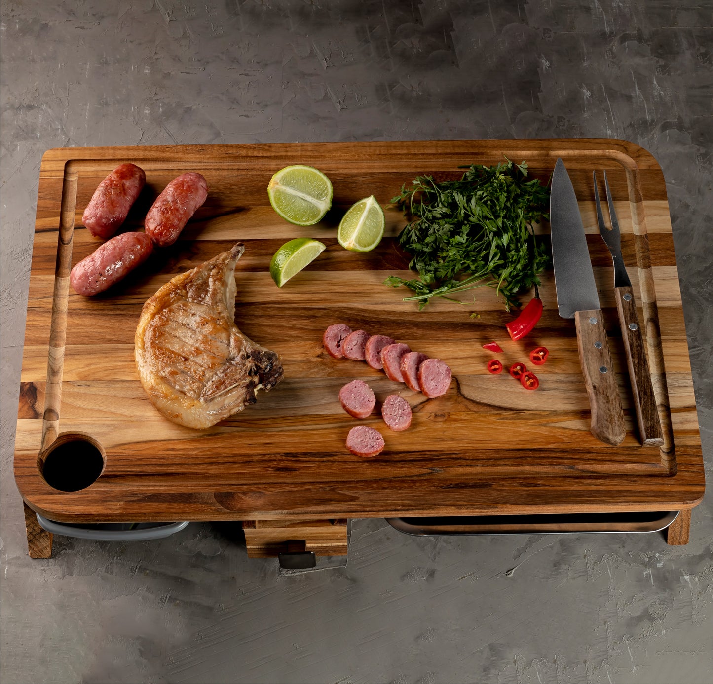 meistar Large End Grain Teak Wood Cutting Board. Thick Butcher Block for Kitchen, Brisket and BBQ with Stainless Steel Tray and Juice Groove
