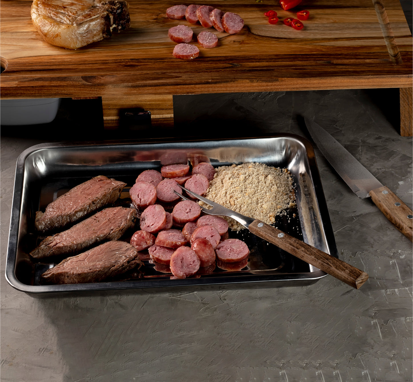 meistar Large End Grain Teak Wood Cutting Board. Thick Butcher Block for Kitchen, Brisket and BBQ with Stainless Steel Tray and Juice Groove