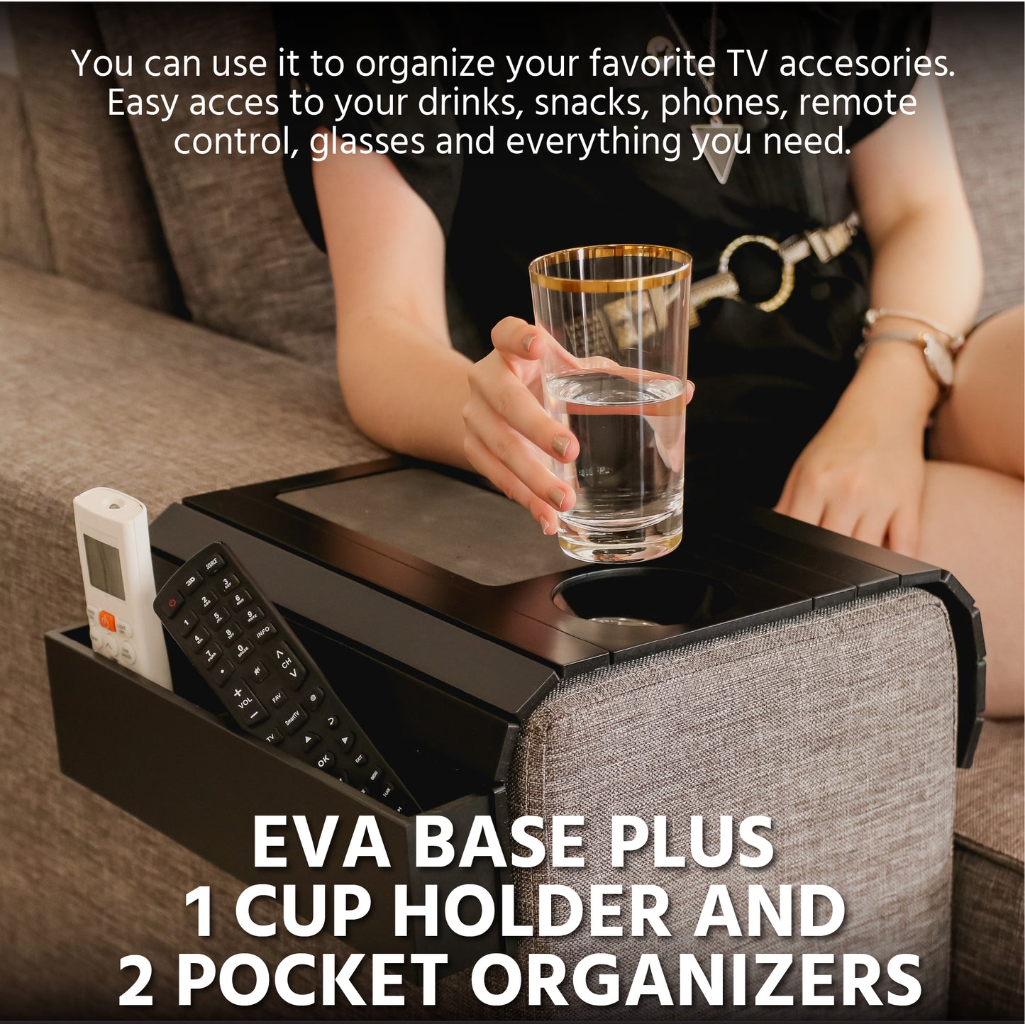 Sofa Tray Table with EVA Base and Cup Holder. Remote Control and Cellphone Organizer Holder, Arm Rest Table with Pockets. Fits Over Square Chair arms.
