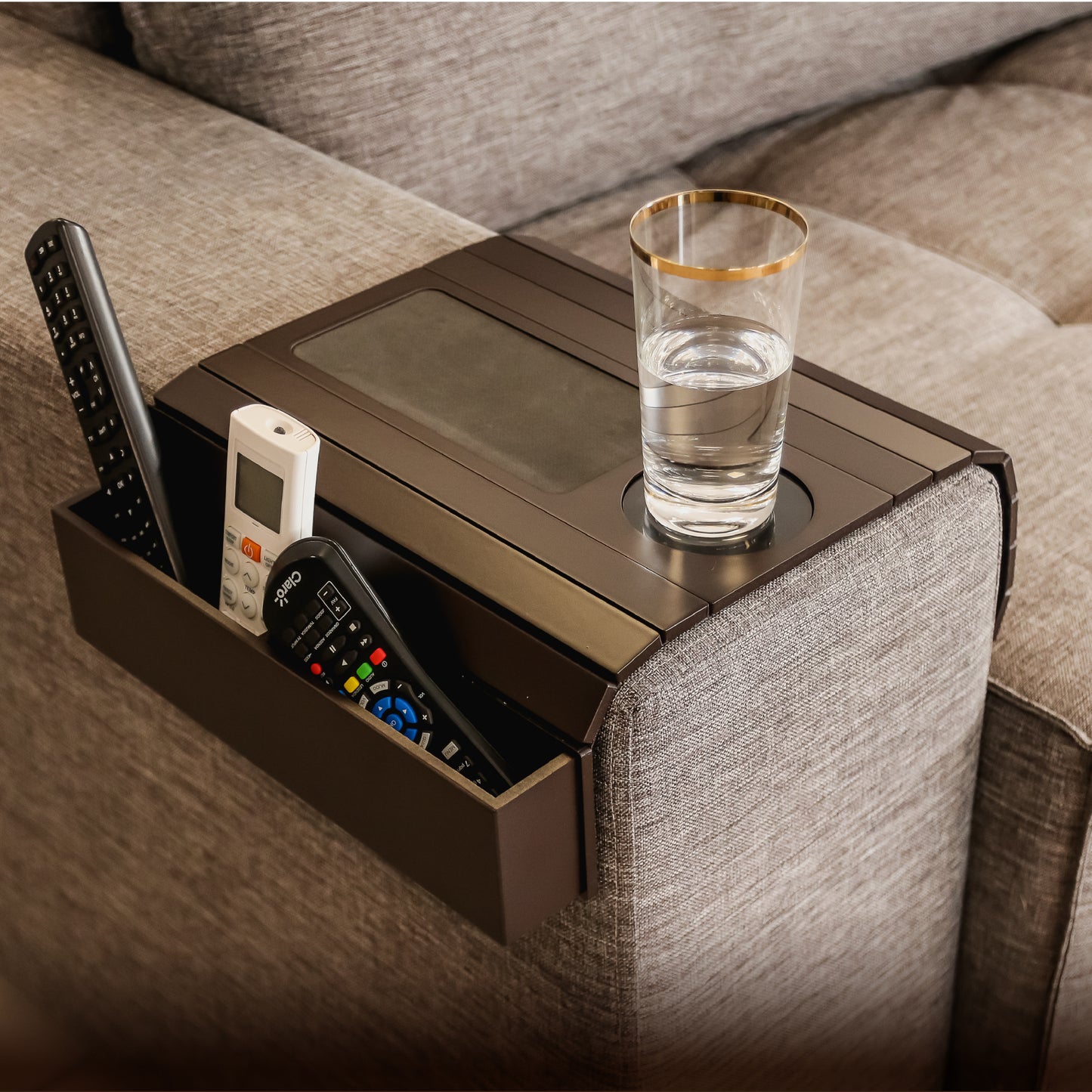 Sofa Tray Table with EVA Base and Cup Holder. Remote Control and Cellphone Organizer Holder, Arm Rest Table with Pockets. Fits Over Square Chair arms.