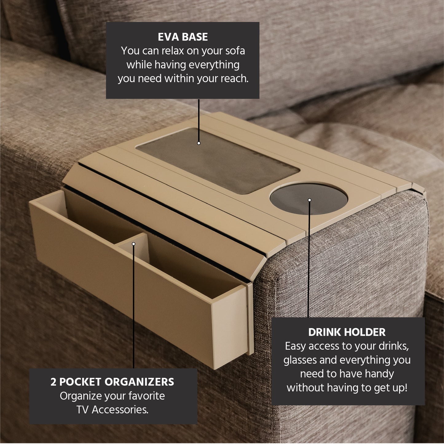 Sofa Tray Table with EVA Base and Cup Holder. Remote Control and Cellphone Organizer Holder, Arm Rest Table with Pockets. Fits Over Square Chair arms.