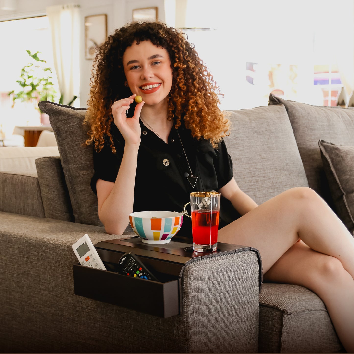 Sofa Tray Table with EVA Base and Cup Holder. Remote Control and Cellphone Organizer Holder, Arm Rest Table with Pockets. Fits Over Square Chair arms.