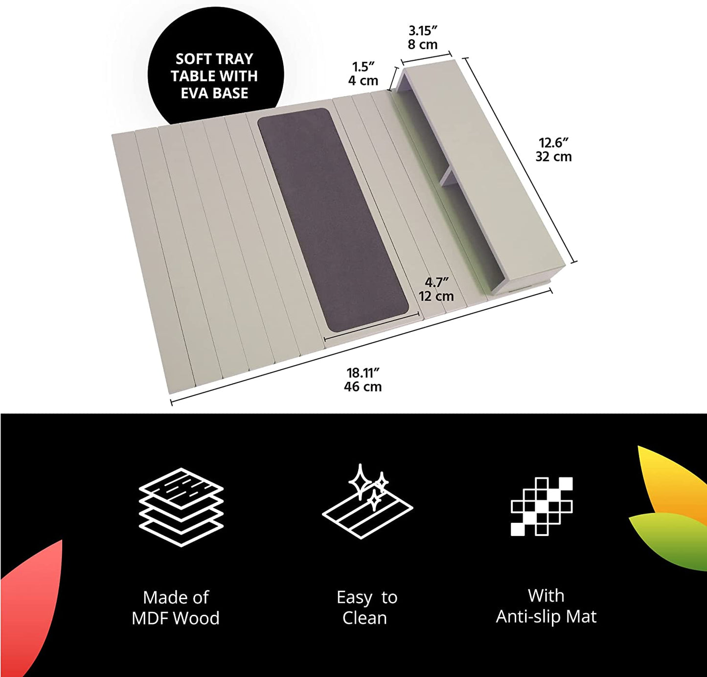 Sofa Tray Table with EVA Base. Remote Control and Cellphone Organizer with Pockets