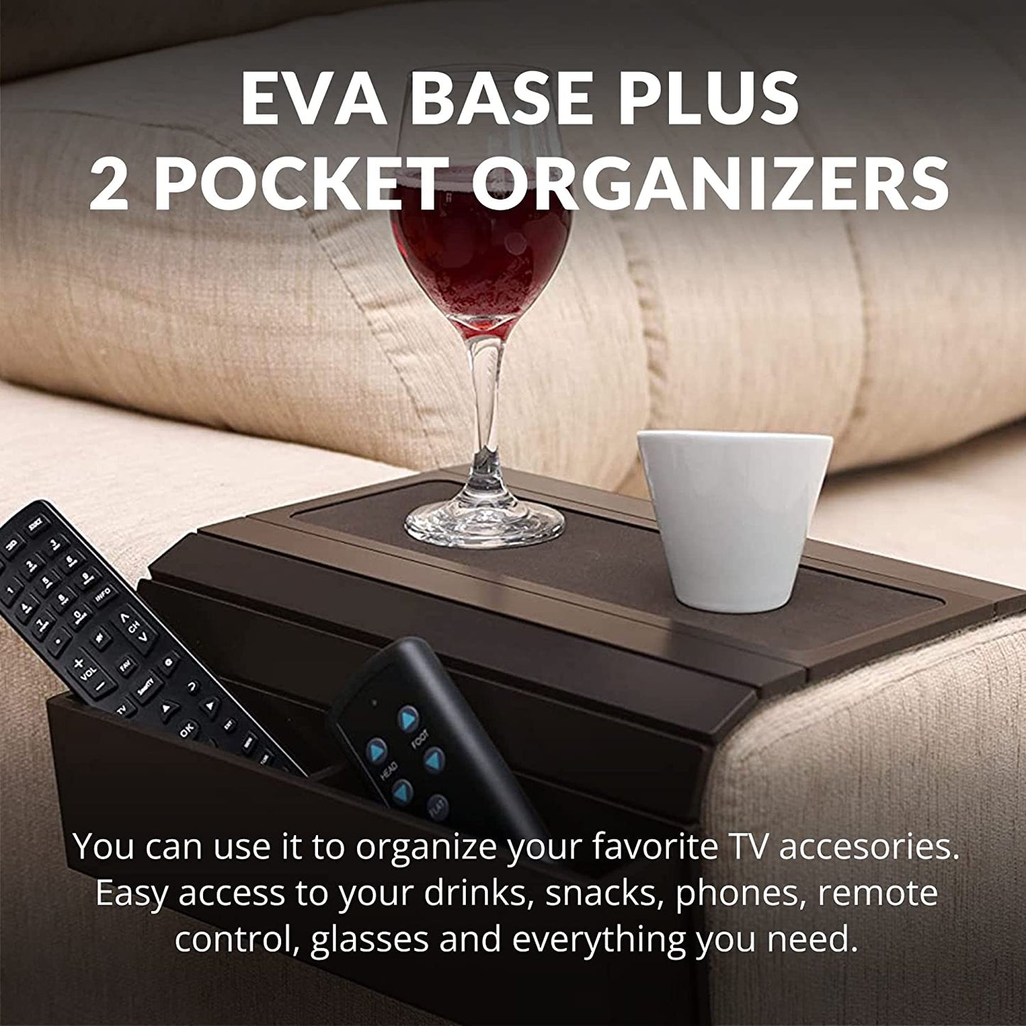 Sofa Tray Table with EVA Base. Remote Control and Cellphone Organizer with Pockets