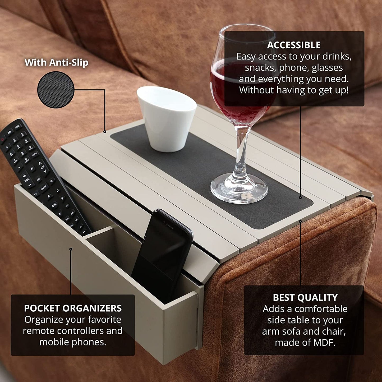 Sofa Tray Table with EVA Base. Remote Control and Cellphone Organizer with Pockets
