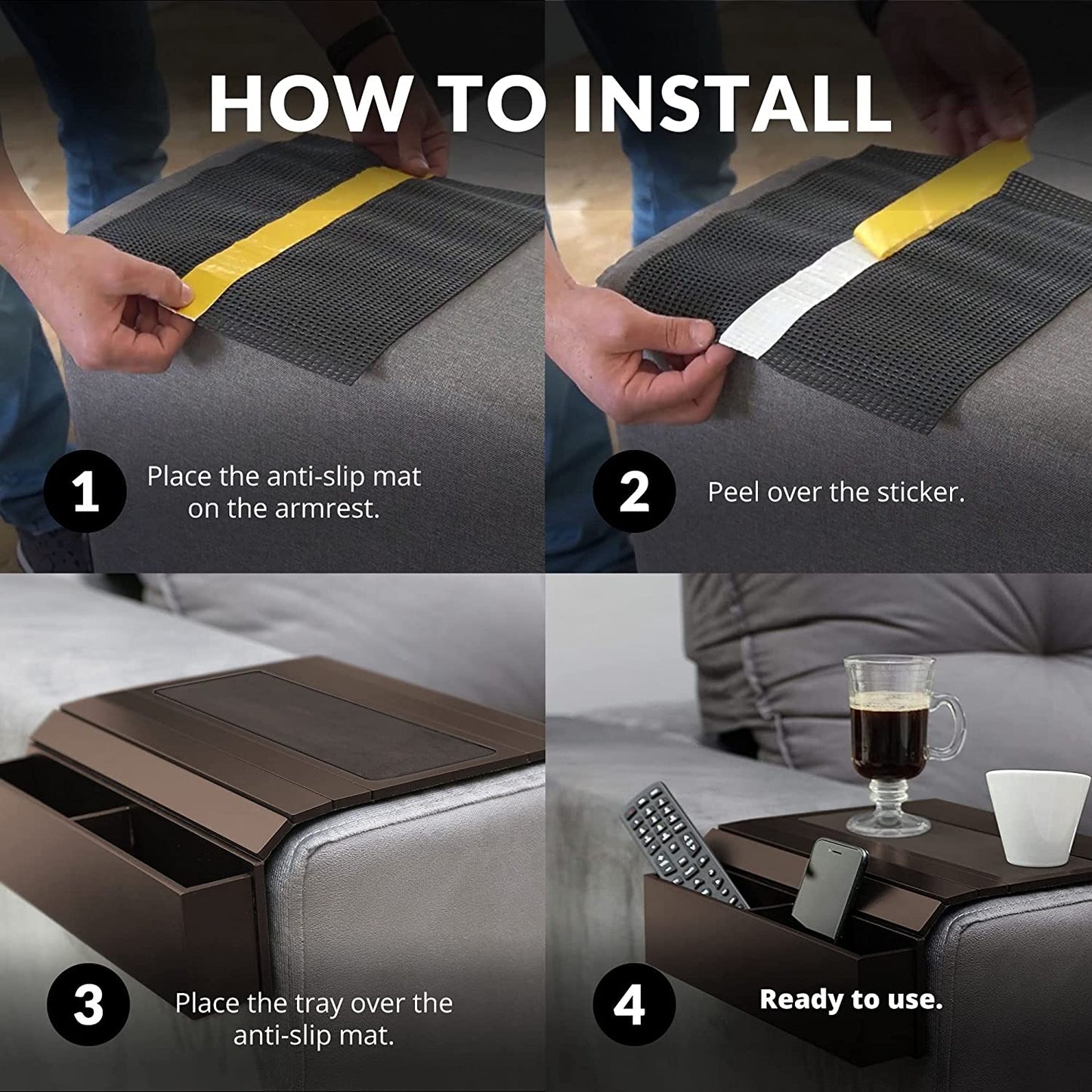 Sofa Tray Table with EVA Base. Remote Control and Cellphone Organizer with Pockets