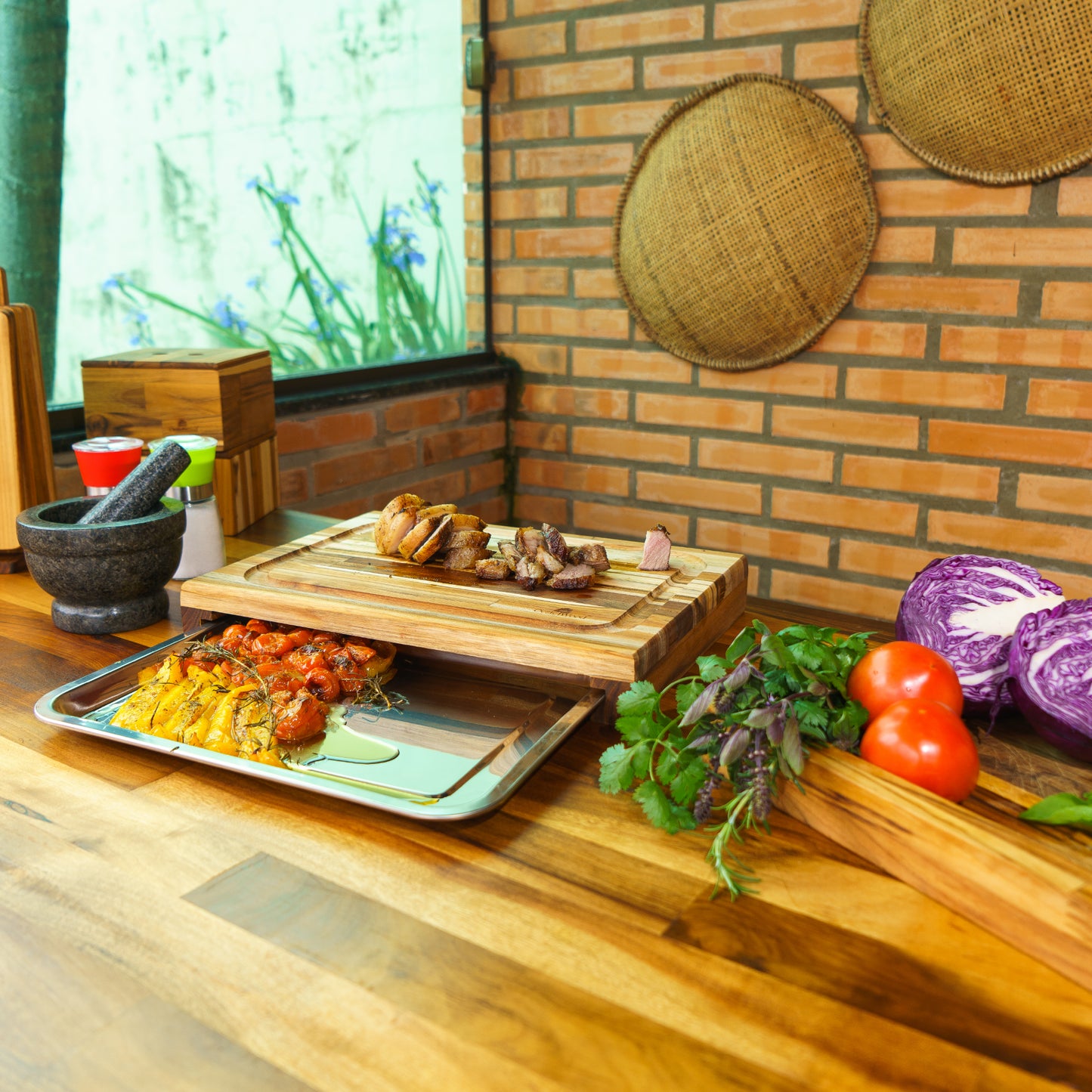 Meistar Master Chef Large End Grain Teak Wood Cutting Board. Thick Butcher Block for Kitchen, Brisket and BBQ with Stainless Steel Tray and Juice Groove.