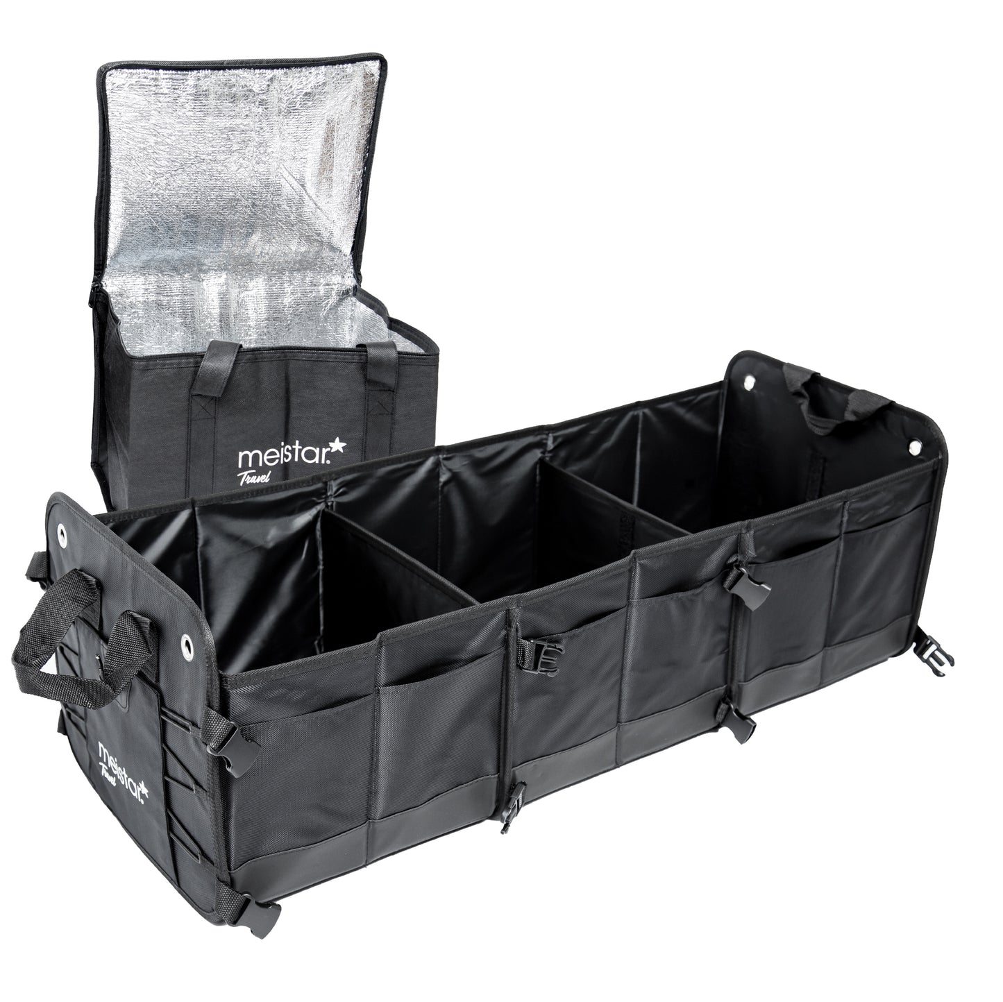 meistar Multi Compartments Collapsible Portable Car Trunk Organizer and Storage for Auto, SUV Truck, Minivan with a Cooler Bag.