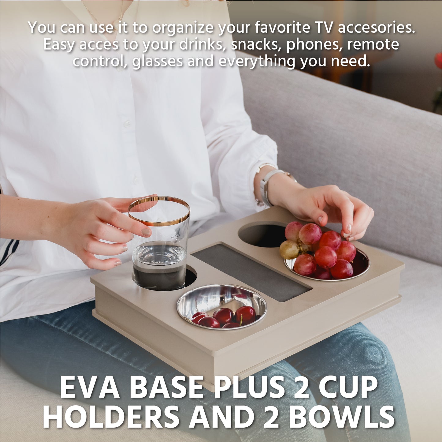 Sofa, Couch, Bed, TV and Lap Serving Tray Table for Eating with Anti Slip Base, 2 Stainless Steel Bowls and 2 Cup Holders. Arm Rest Organizer.