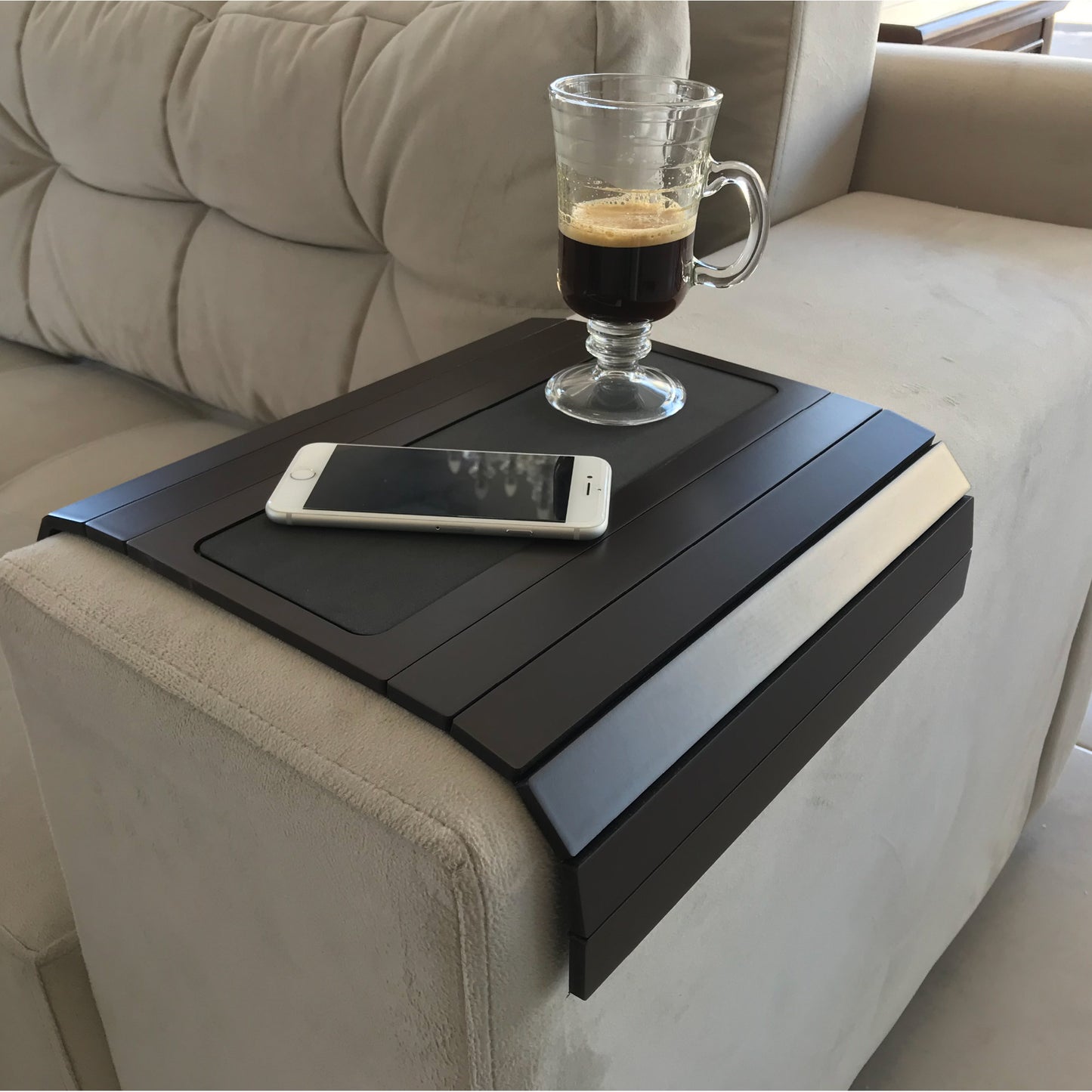 Sofa Couch Arm Tray Table with EVA Base. Weighted Sides. Fits Over Square Chair arms