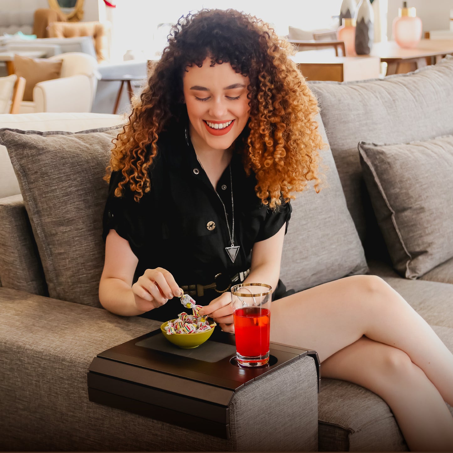 Sofa Tray Table with EVA Base and Couch Cup Holder. Remote Control and Cellphone Organizer, Arm Rest Organizer. Fits Over Square Chair arms.