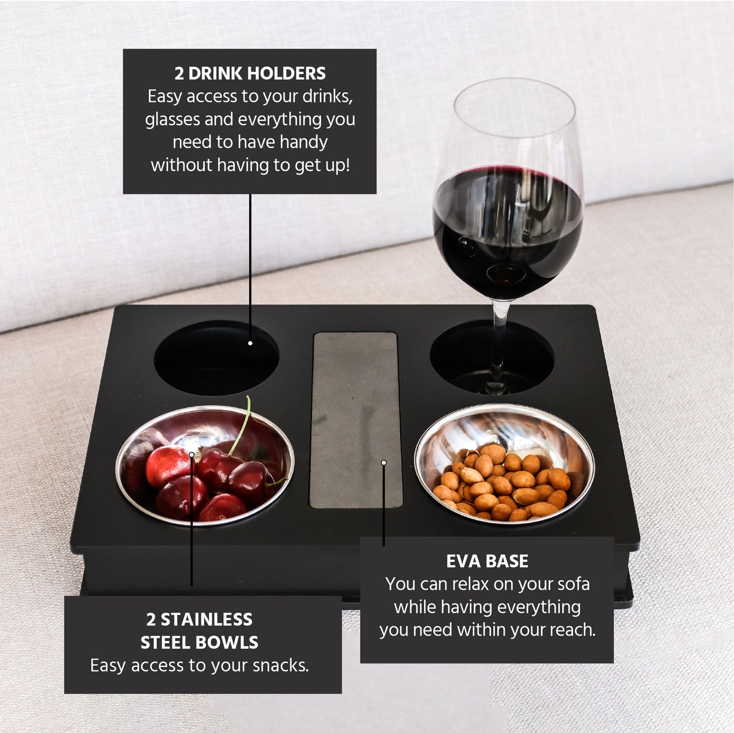 Sofa, Couch, Bed, TV and Lap Serving Tray Table for Eating with Anti Slip Base, 2 Stainless Steel Bowls and 2 Cup Holders. Arm Rest Organizer.