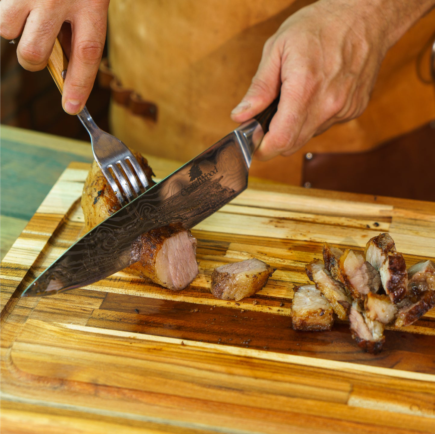 Meistar Master Chef Large End Grain Teak Wood Cutting Board. Thick Butcher Block for Kitchen, Brisket and BBQ with Stainless Steel Tray and Juice Groove.