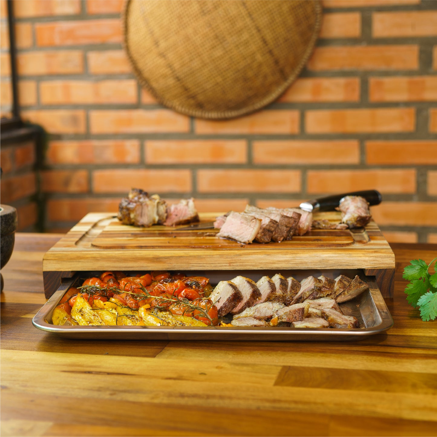 Meistar Master Chef Large End Grain Teak Wood Cutting Board. Thick Butcher Block for Kitchen, Brisket and BBQ with Stainless Steel Tray and Juice Groove.