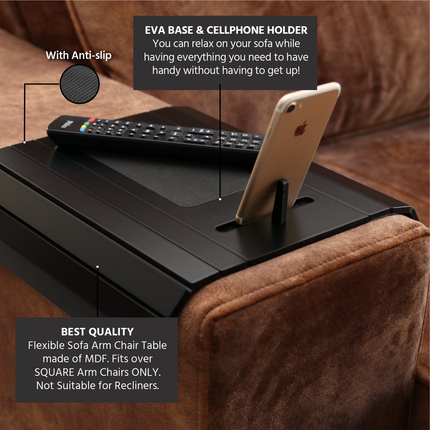 Sofa Tray Table wth EVA Base and Cellphone Holder. Fits Over Square Chair arms
