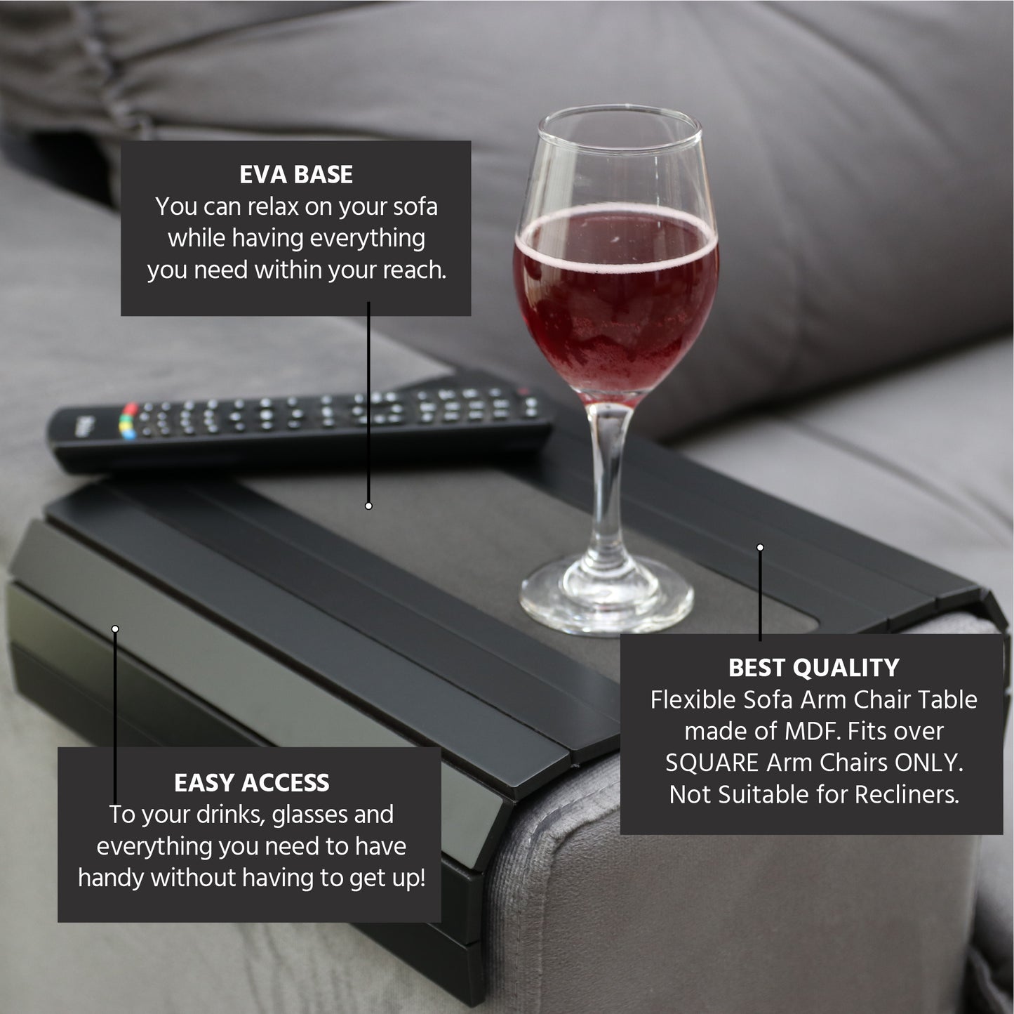 Sofa Couch Arm Tray Table with EVA Base. Weighted Sides. Fits Over Square Chair arms