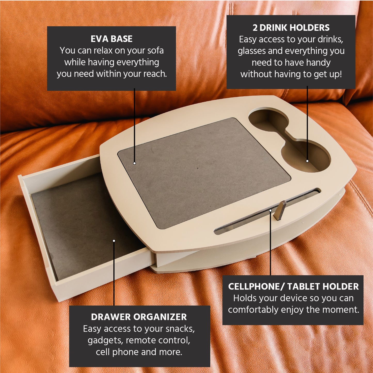 Couch Tray Table and Bed Tray Table for Breakfast in Bed and Food Tray. Drawer Organizer. Portable Serving Tray.