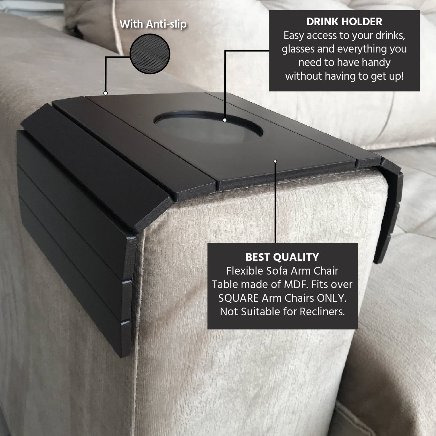 Sofa Couch Tray Table with Cup Holder. Fits Over Square Chair arms