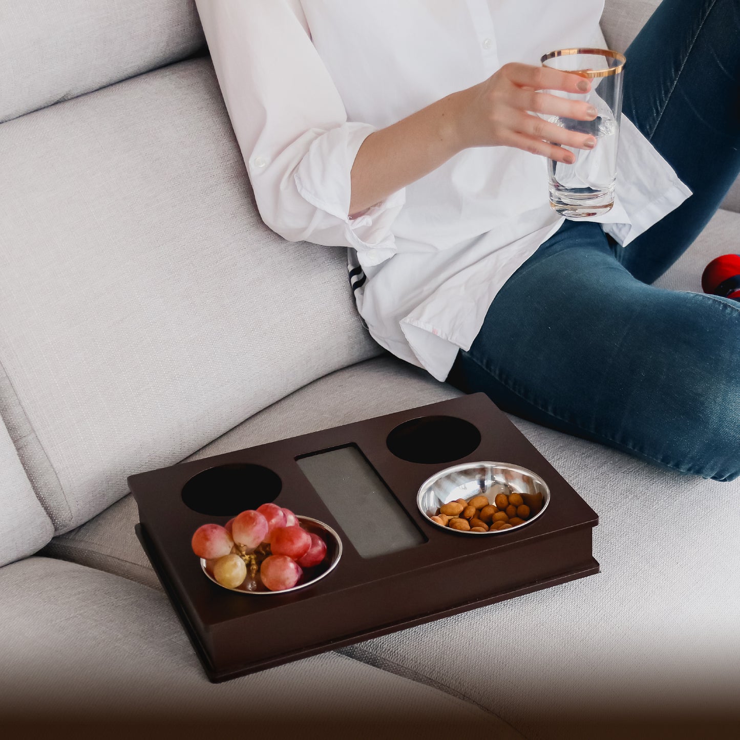 Sofa, Couch, Bed, TV and Lap Serving Tray Table for Eating with Anti Slip Base, 2 Stainless Steel Bowls and 2 Cup Holders. Arm Rest Organizer.