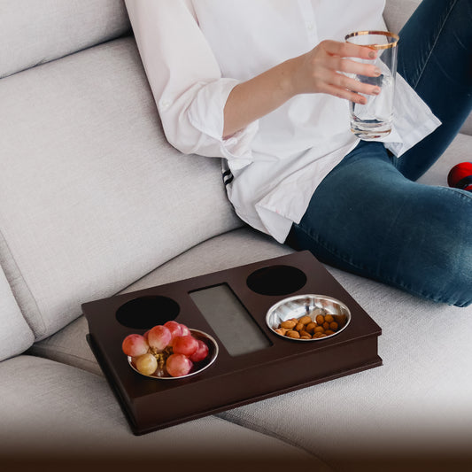 Sofa, Couch, Bed, TV and Lap Serving Tray Table for Eating with Anti Slip Base, 2 Stainless Steel Bowls and 2 Cup Holders. Arm Rest Organizer.