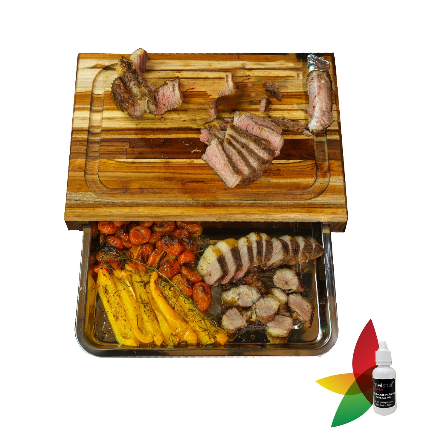 Meistar Master Chef Large End Grain Teak Wood Cutting Board. Thick Butcher Block for Kitchen, Brisket and BBQ with Stainless Steel Tray and Juice Groove.