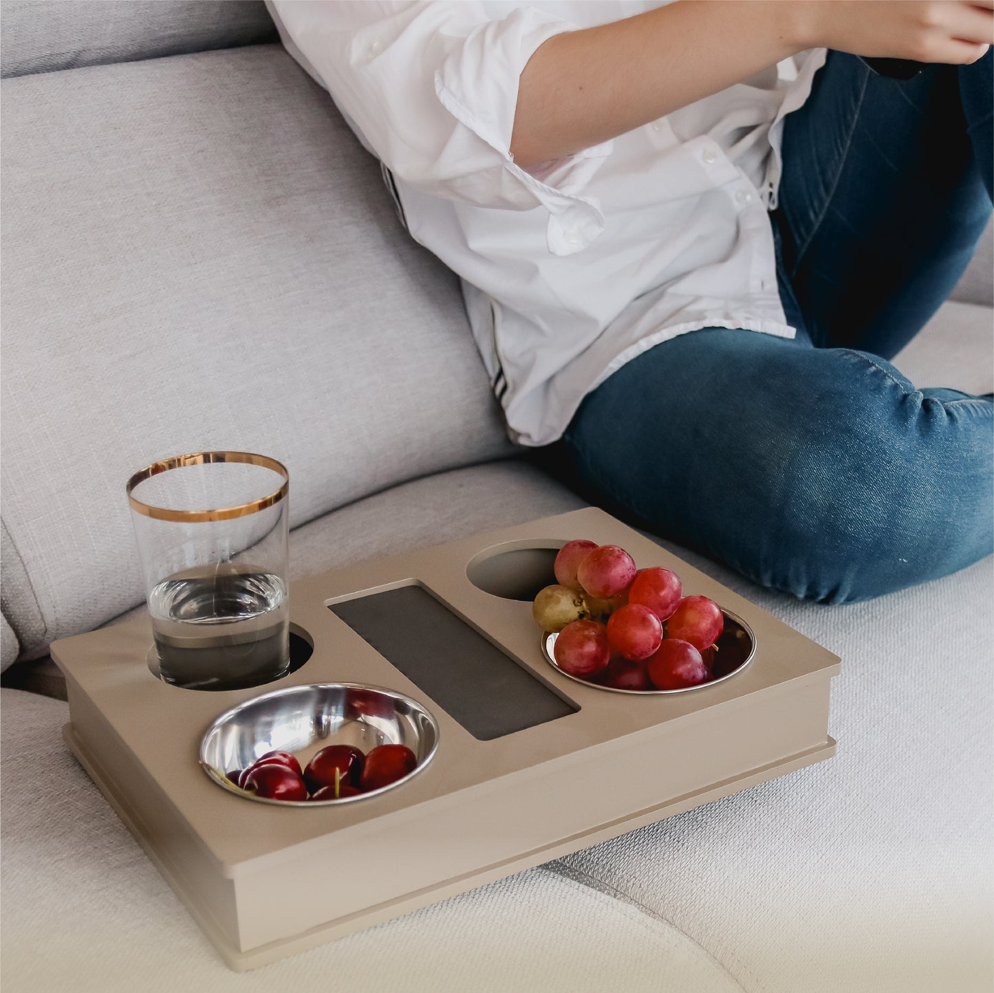 Sofa, Couch, Bed, TV and Lap Serving Tray Table for Eating with Anti Slip Base, 2 Stainless Steel Bowls and 2 Cup Holders. Arm Rest Organizer.