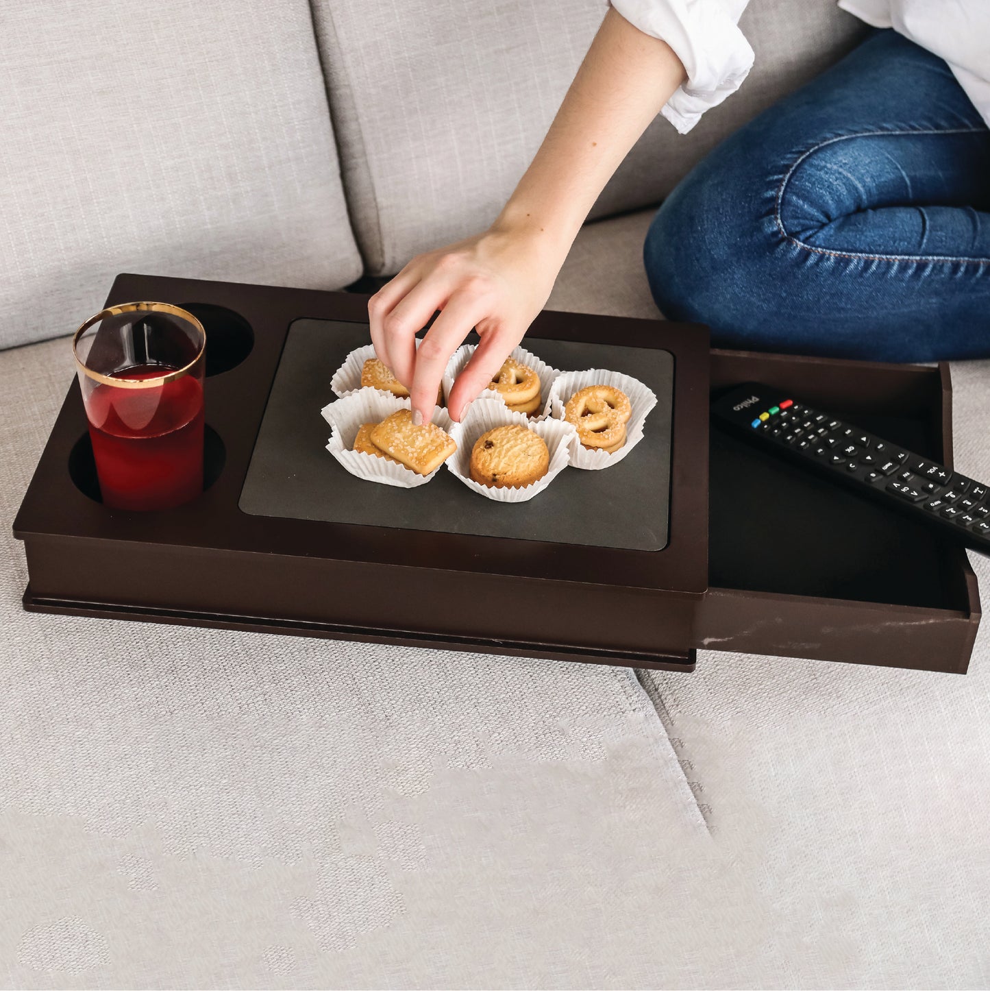 Sofa Arm Table, Arm Rest Table Holder for Sofa, Sofa and Bed Drink Caddy with Drawer