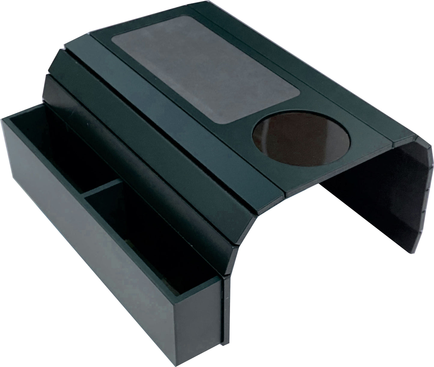 Sofa Tray Table with EVA Base and Cup Holder. Remote Control and Cellphone Organizer Holder, Arm Rest Table with Pockets. Fits Over Square Chair arms.