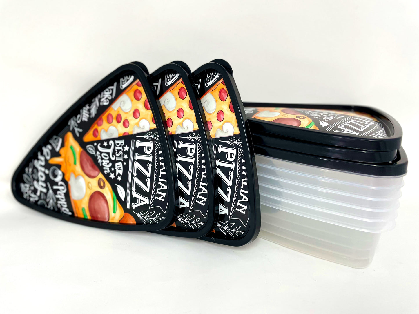 Pizza Slice Plastic Container Storage with Lids. Tray, Holder and Saver. Plastic Packs to go