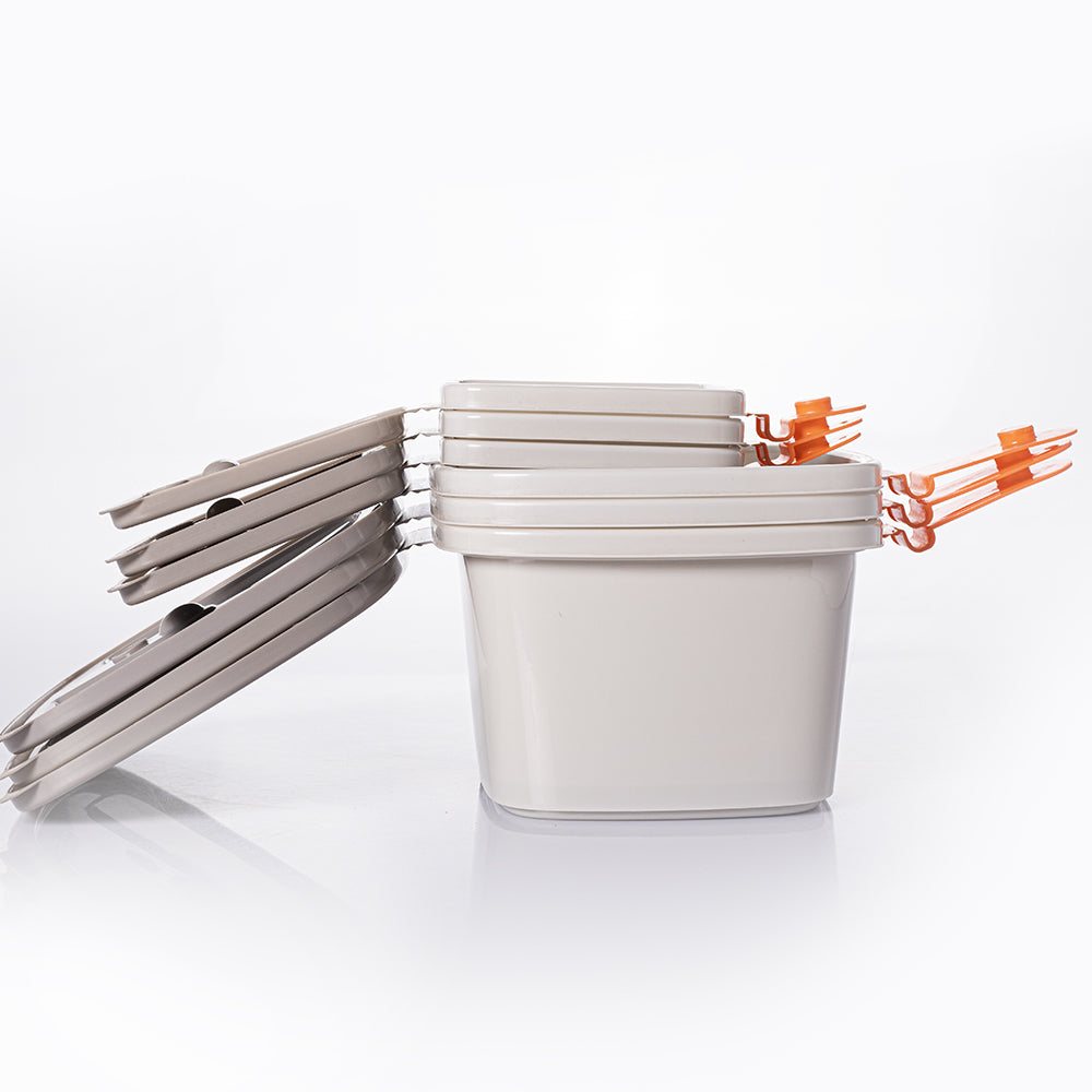 Plastic Food Storage Containers w/attached Lids. Multi sizes Containers (Beige & Orange)