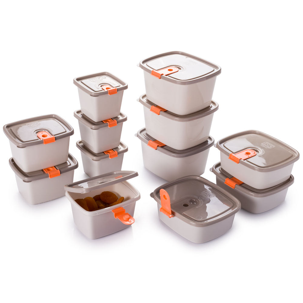 Plastic Food Storage Containers w/attached Lids. Multi sizes Containers (Beige & Orange)