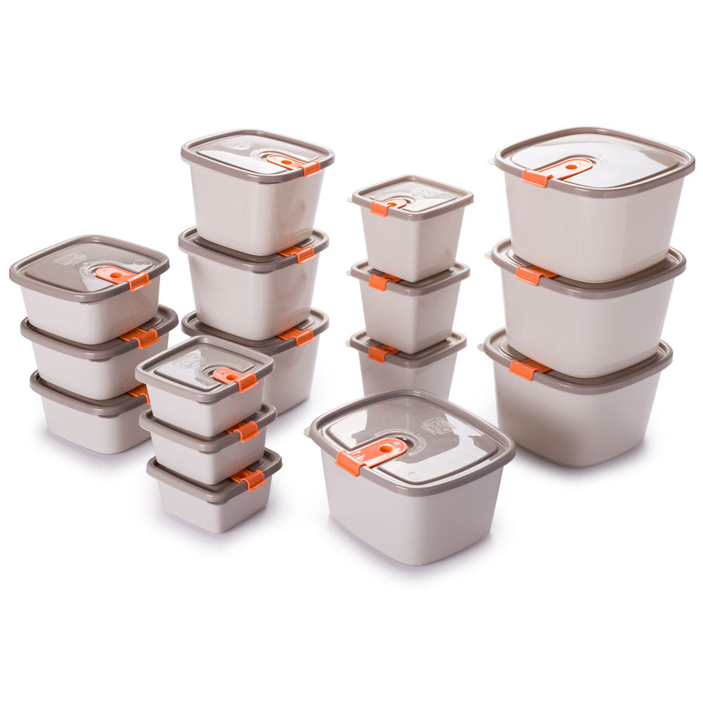 Plastic Food Storage Containers w/attached Lids. Multi sizes Containers (Beige & Orange)