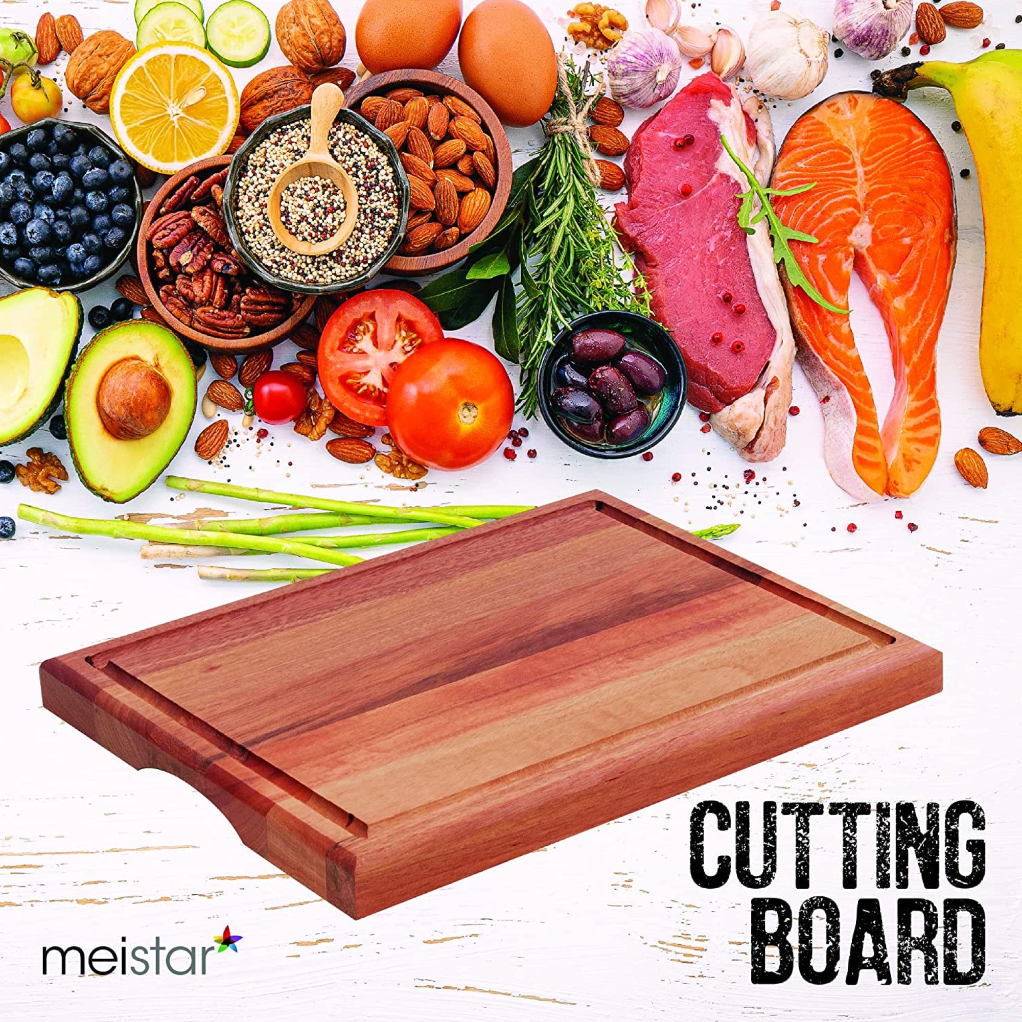 Meistar Large End Grain Teak Wood Cutting Board for Kitchen, Brisket and BBQ with S. Steel Tray and Juice Groove, Size: 15.7 x 11.6 x 2.2