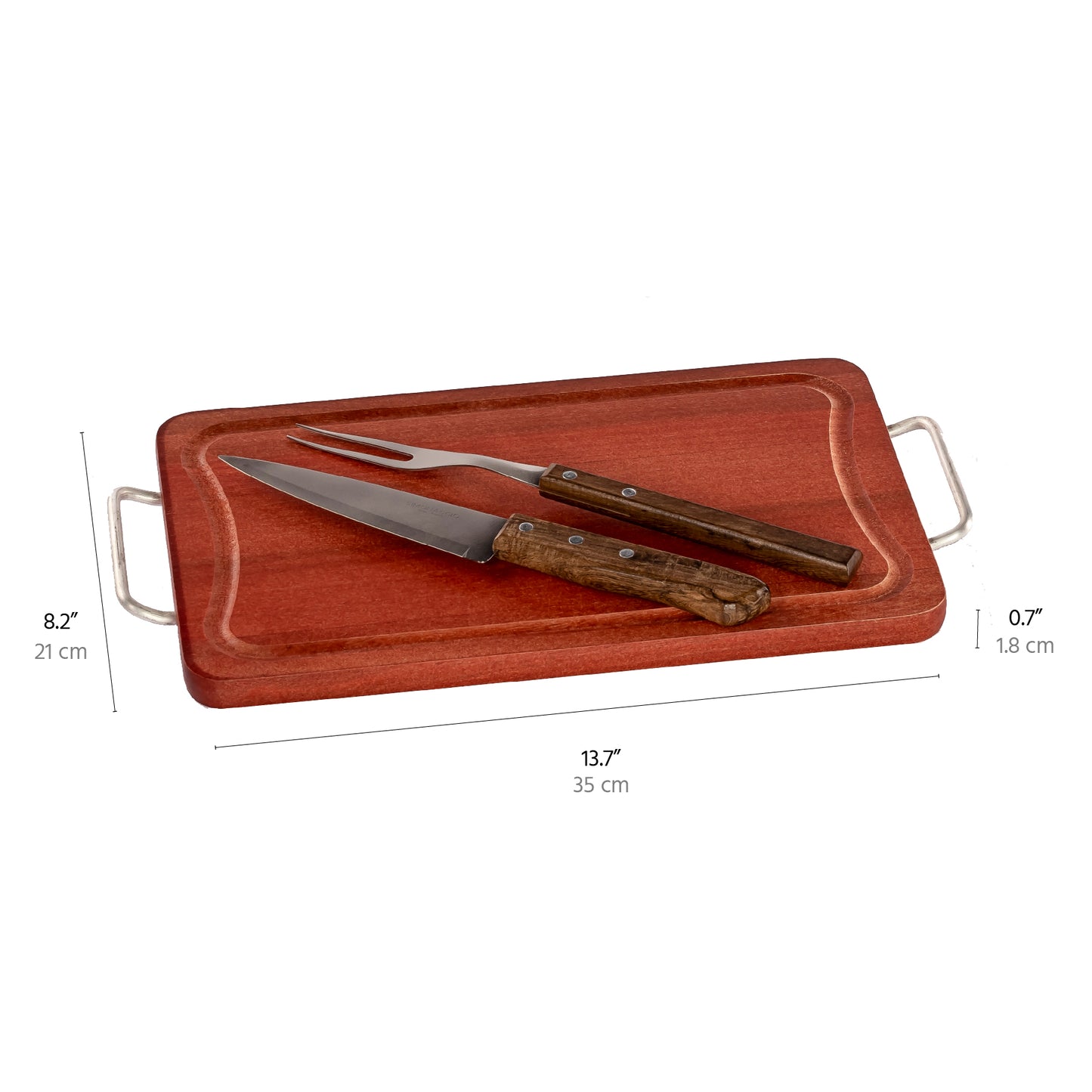 Meistar Premium Wooden Cutting Board with Stylish Metallic Handles - Includes BBQ Stainless Steel Knife and Fork Set